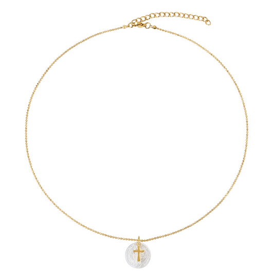 Collar medalla San Benito nácar con cruz
