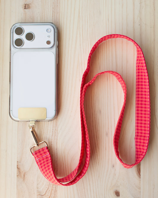 Cuelga móvil mini cuadros vichy azafrán y cereza