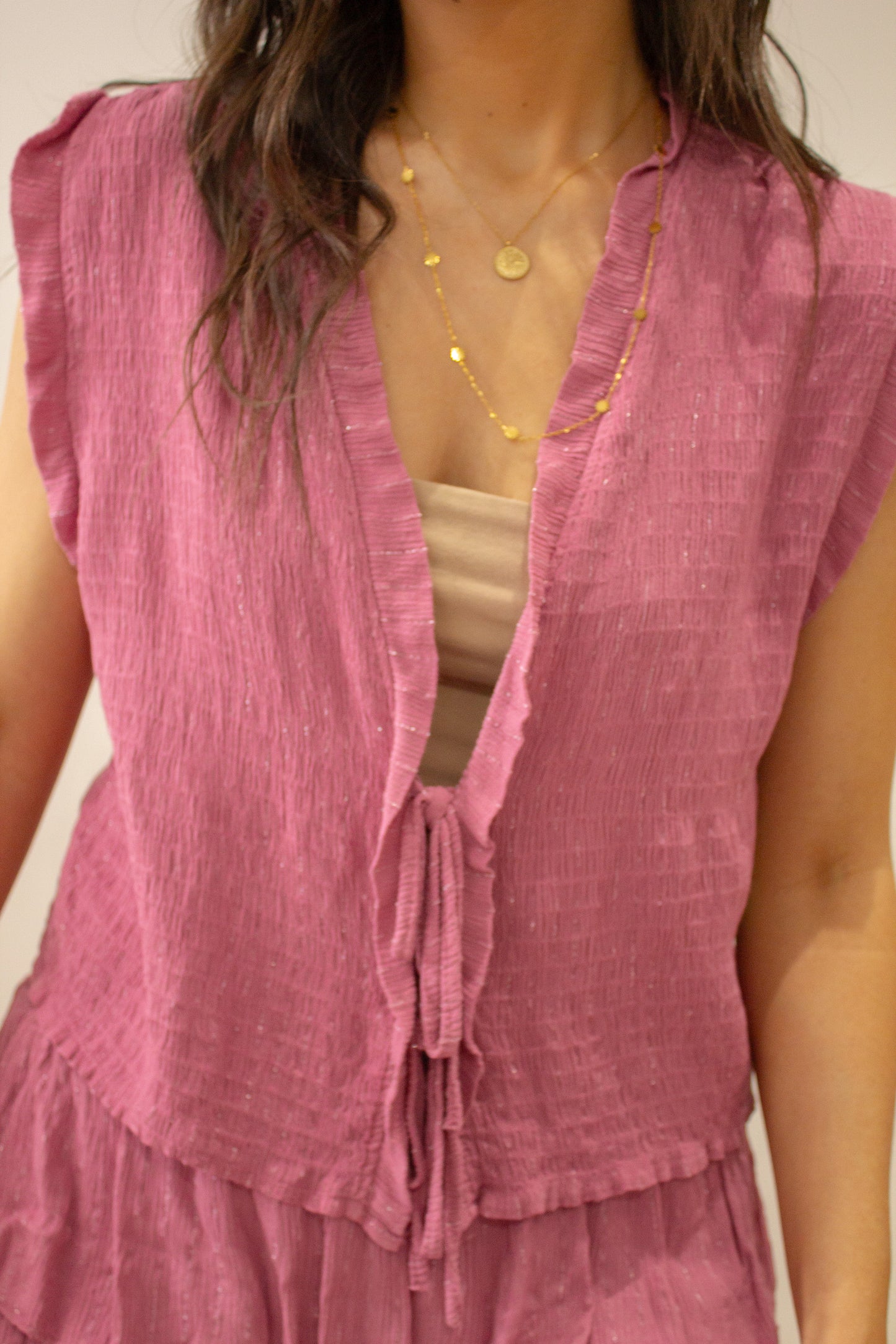Conjunto hilo brillo rosa