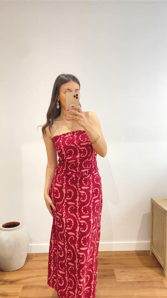 Conjunto top y falda estampado étnico